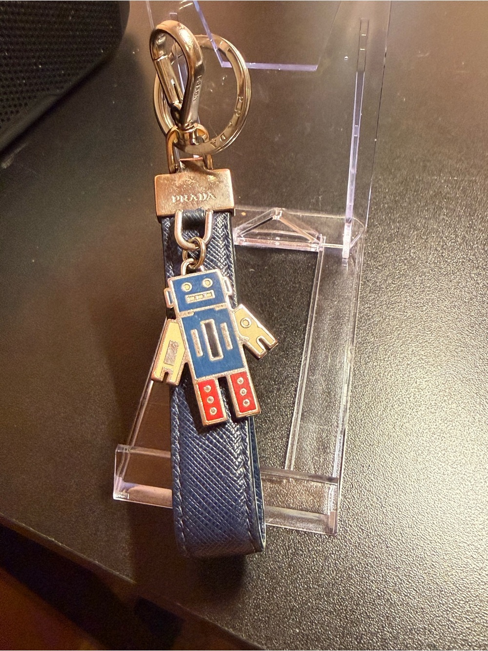 Prada Blue Saffiano Leather Keyring with Red & Gold Robot Charm